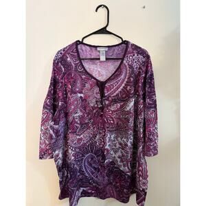 Catherine's Purple/Pink Paisley 3/4 Sleeve Tie Blouse - 4X
